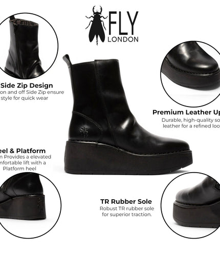 Fly London Women’s Black Leather Wedge Heel Platform Ankle Boots - HEIJ272