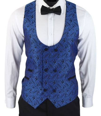 Mens Blue Tuxedo Blazer Waistcoat Brocade Black Satin Paisley Dinner Jacket