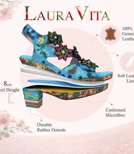 Laura Vita Women's Nellao 33 Blue Floral Leather Wedge Heel Espadrille Sandals