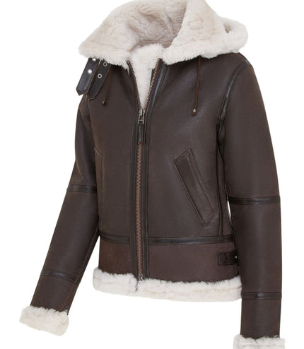 Womens Creck Brown Hooded Sheepskin Flying Leather Jacket-Palermo