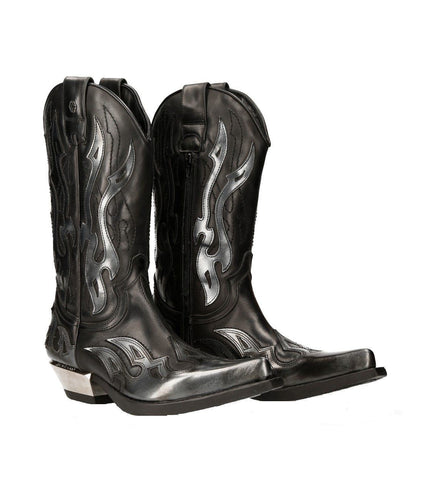 New Rock Flame Accented Black/Silver Leather Biker Cowboy Boots- M-7921-S3