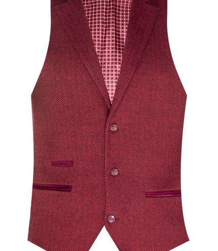 Mens 3 Piece Wine Herringbone Wool Tweed Retro Suit