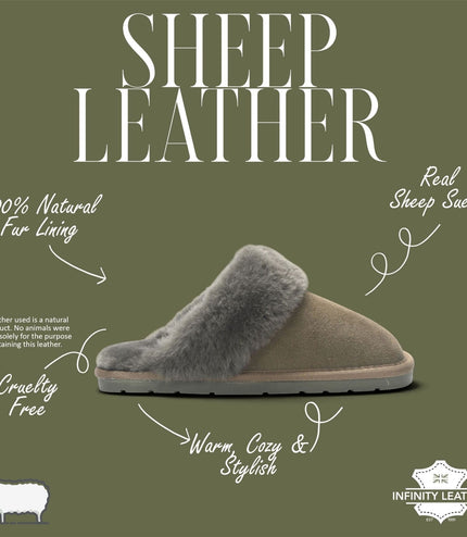 Women's Genuine Sheepskin Olive Green Suede Mule Winter Slippers - Luna
