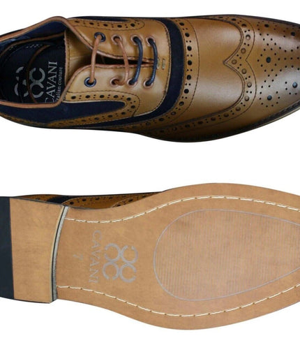 Mens Classic Navy Suede Oxford Brogue Shoes in Tan Leather