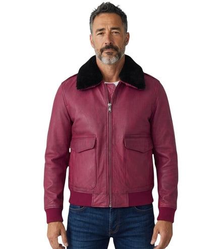 Mens Burgundy Leather Aviator Bomber Jacket - Lunar
