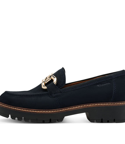 Tamaris Womens Navy Blue Leather Loafers Slip-On Platform Shoes