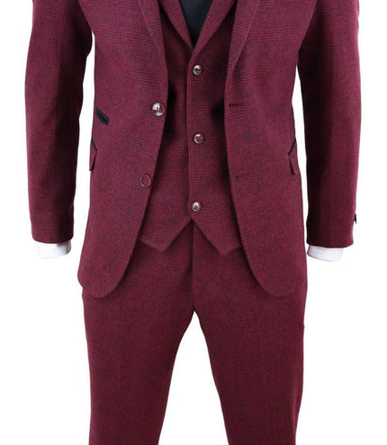 Mens 3 Piece Tweed Suit Wool Burgundy Black 1920s Authentic 1920s Blinders Suit Retro Classic