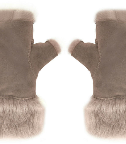 Womens Shearling  Mittens Fingerless Cuffs Toscana Suede Sheepskin Fur - Light Grey