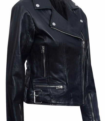 Womens Leather Biker Jacket-Stockholm - Black