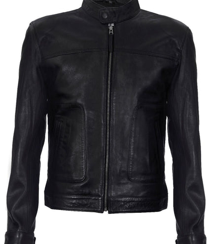 Men's Classic Fitted Leather Biker Jacket-Austin - Black