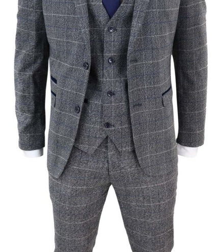 Mens 3 Piece Grey With Blue Check Vintage Classic Suit
