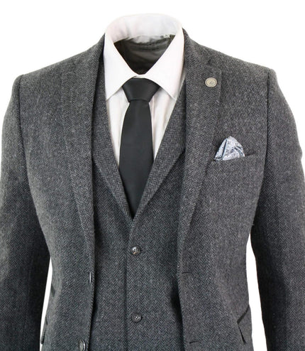 Men's 3 Piece Charcoal Grey Herringbone Tweed Suit