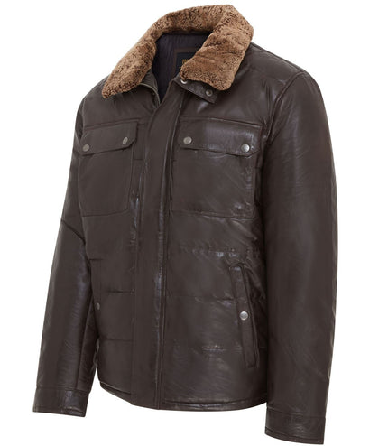Men's Lamb Leather Puffer Bomber Warm Biker Jacket - Brown