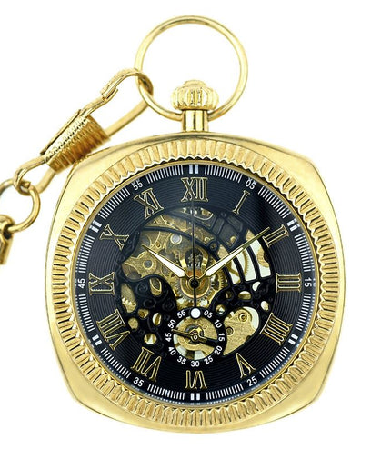 Mechanical Golden Vintage Skeleton Square Open-Face Pocket Watch