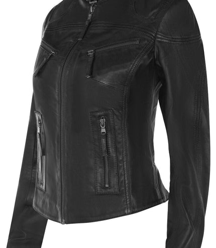 Womens Slim-Fit Leather Biker Jacket-Maldon - Black
