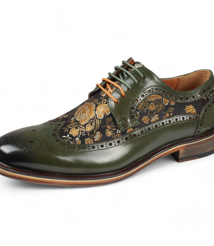 Justin Reess Men's Green Leather Floral Print Brogue Dress Shoes - Ross