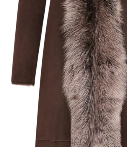 Womens Suede Toscana Sheepskin Hooded Trench Coat-Rushden - Brown Silver