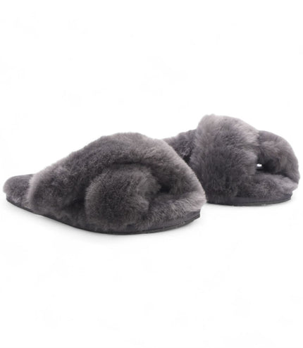Women's Sheepskin Slippers Grey Warm Winter Fur Crossover - Snowbelle