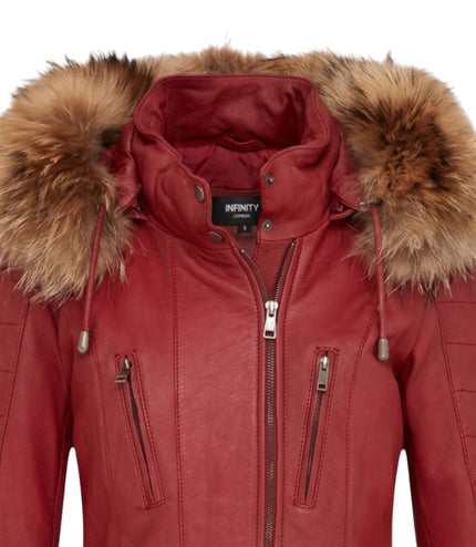 Womens Red Slim Fit Leather Hooded Parka Jacket-Northam