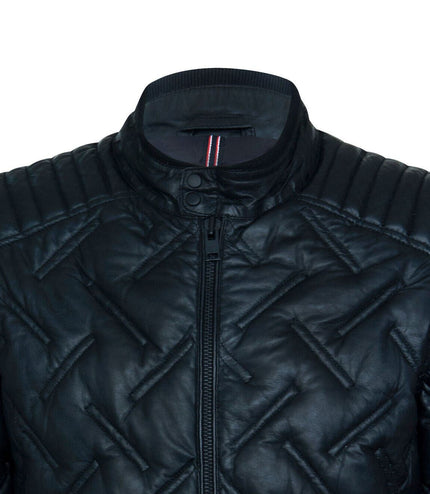 Men's Black Leather Quilted Biker Jacket - Manaus
