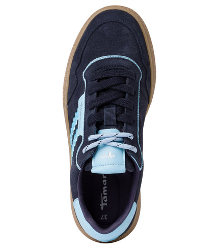 Tamaris Womens Navy Blue Leather Fashion Stripe Lace Up Sneakers