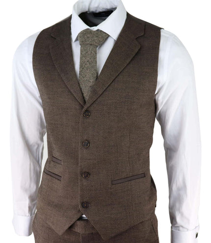 Mens Brown 3 Piece Tweed Herringbone Suit Peaky Blinders Classic Tailored