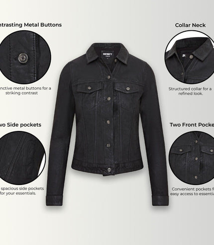 Womens Black Leather Trucker Jeans Jacket-  Doha