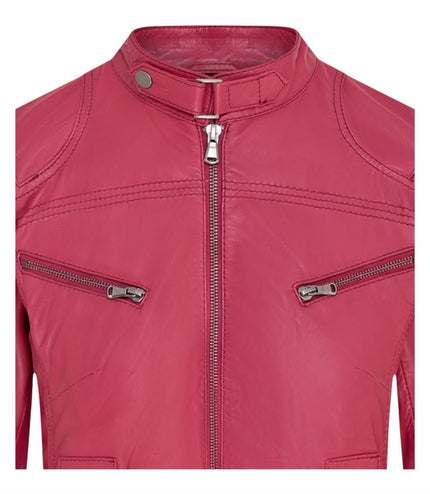 Womens Slim-Fit Leather Biker Jacket-Maldon - Fuschia