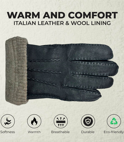 Men's Black Italian Leather Warm Wool Lining Winter Gloves - M-LGV-405