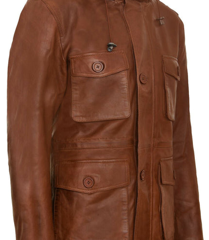 Mens Leather Hooded Trench Coat-Medellin - Tan