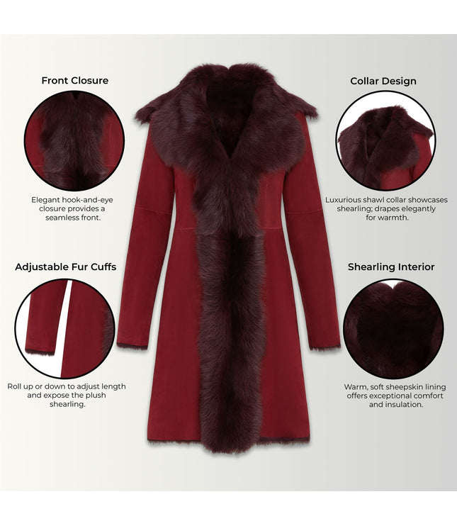 Womens Toscana Sheepskin Suede Trench Coat-Tbilisi - Burgundy