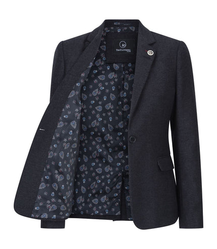 Womens Black Herringbone Check Tweed Wool Blend Blazer