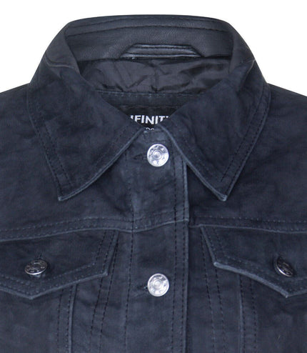 Womens Goat Suede Trucker Jeans Jacket-Astoria - Navy