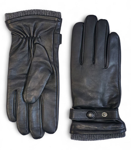 Men's Black Italian Leather Warm Wool Lining Winter Knit Rib Gloves - M-LGV-105