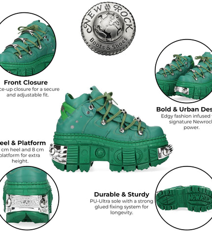 New Rock M-106Wall-C29 Metallic Green Leather Gothic Ankle Boots