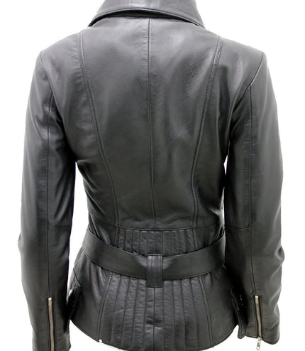 Womens Long Leather Biker Jacket-Quito - Black