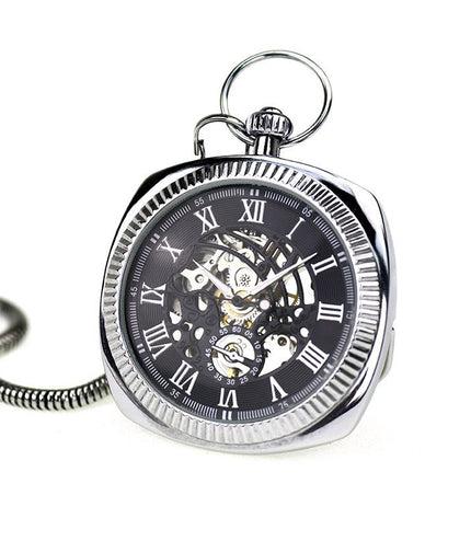 Mechanical Silver Vintage Skeleton Square Open-Face Pocket Watch