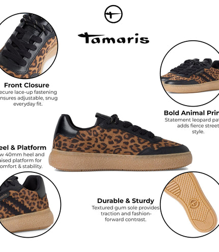 Tamaris Womens Leopard Black Leather Fashion Stripe Lace Up Sneakers