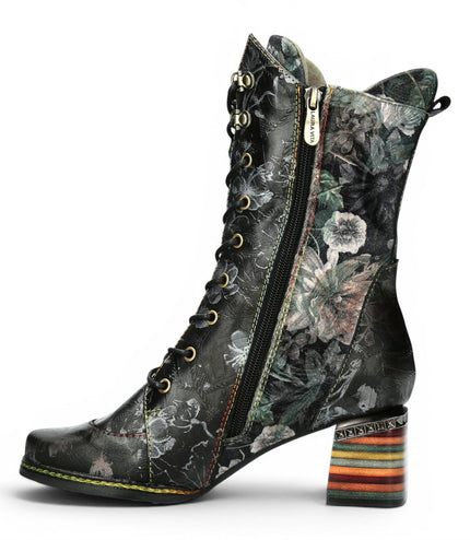 Laura Vita Women's Goth Victorian Floral Black Leather High Lace-Up Boots - Ibcano-15