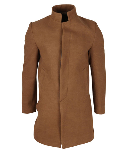 Men's Tan Stand Collar Wool Blend Overcoat