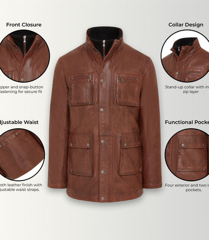 Men's Leather Military Jacket Outwear Trenchcoat - Field - Tan