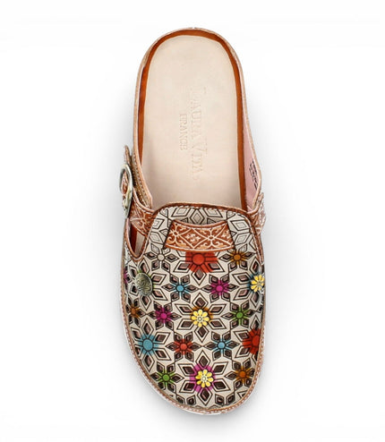 Laura Vita Women's Dorry 01 Floral Beige Leather Wedge Slipper Sandals