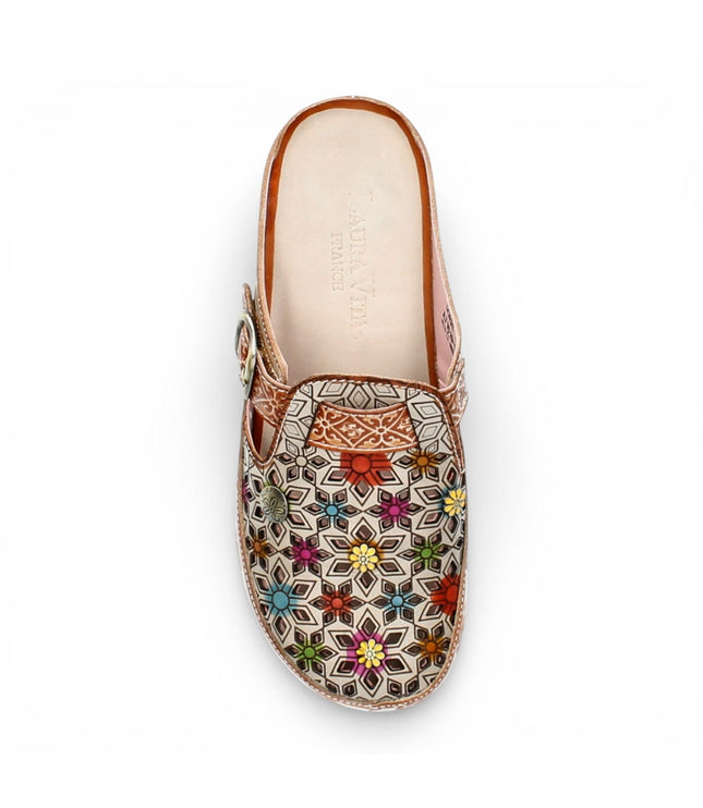Laura Vita Women's Dorry 01 Floral Beige Leather Wedge Slipper Sandals