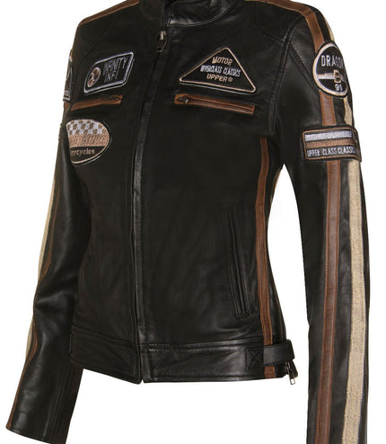 Womens Biker Racing Badges Leather Jacket-Eastleigh - Vintage Tan