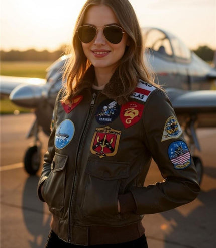 Women's A2 Top Gun Leather Bomber Jacket-Sunbury - Brown