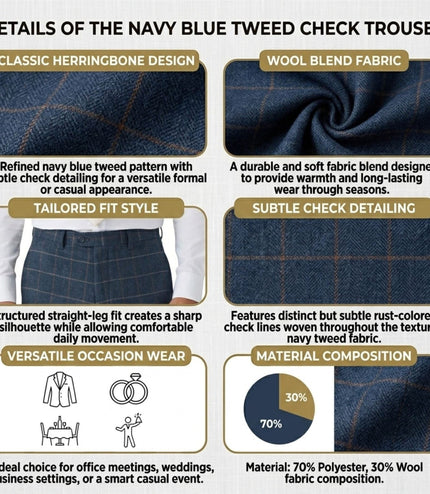 Men's Navy Tweed Herringbone Check Trousers - Harris