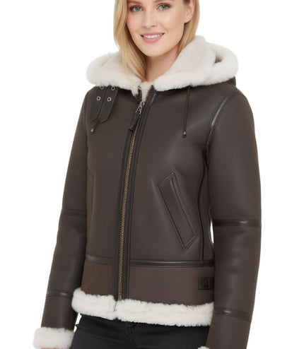 Womens Creck Brown Hooded Sheepskin Flying Leather Jacket-Palermo