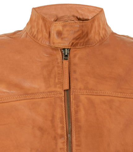 Men's Classic Fitted Leather Biker Jacket-Austin - Tan