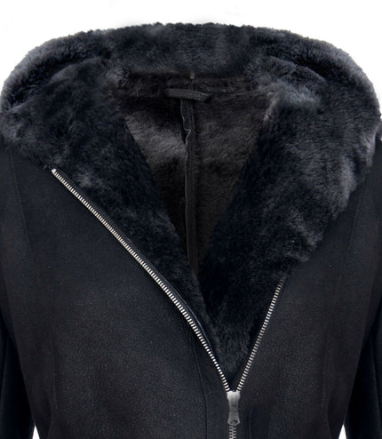 Womens Black Hooded Merino Sheepskin Jacket-Mandalay