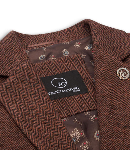 Women's Rust Brown Herringbone Wool Tweed Check Blazer
